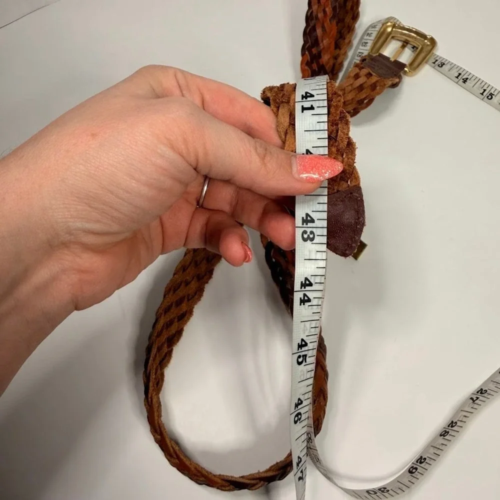 Chic Vintage Mens Braided Leather Belt Brown Gold Etched Buckle‎ Size Large Prep